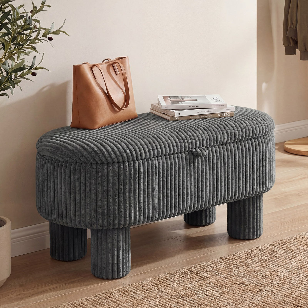 42 Inch Storage Ottoman Bench Corduroy Fabric Upholstered Foot Stool-Gray view 2