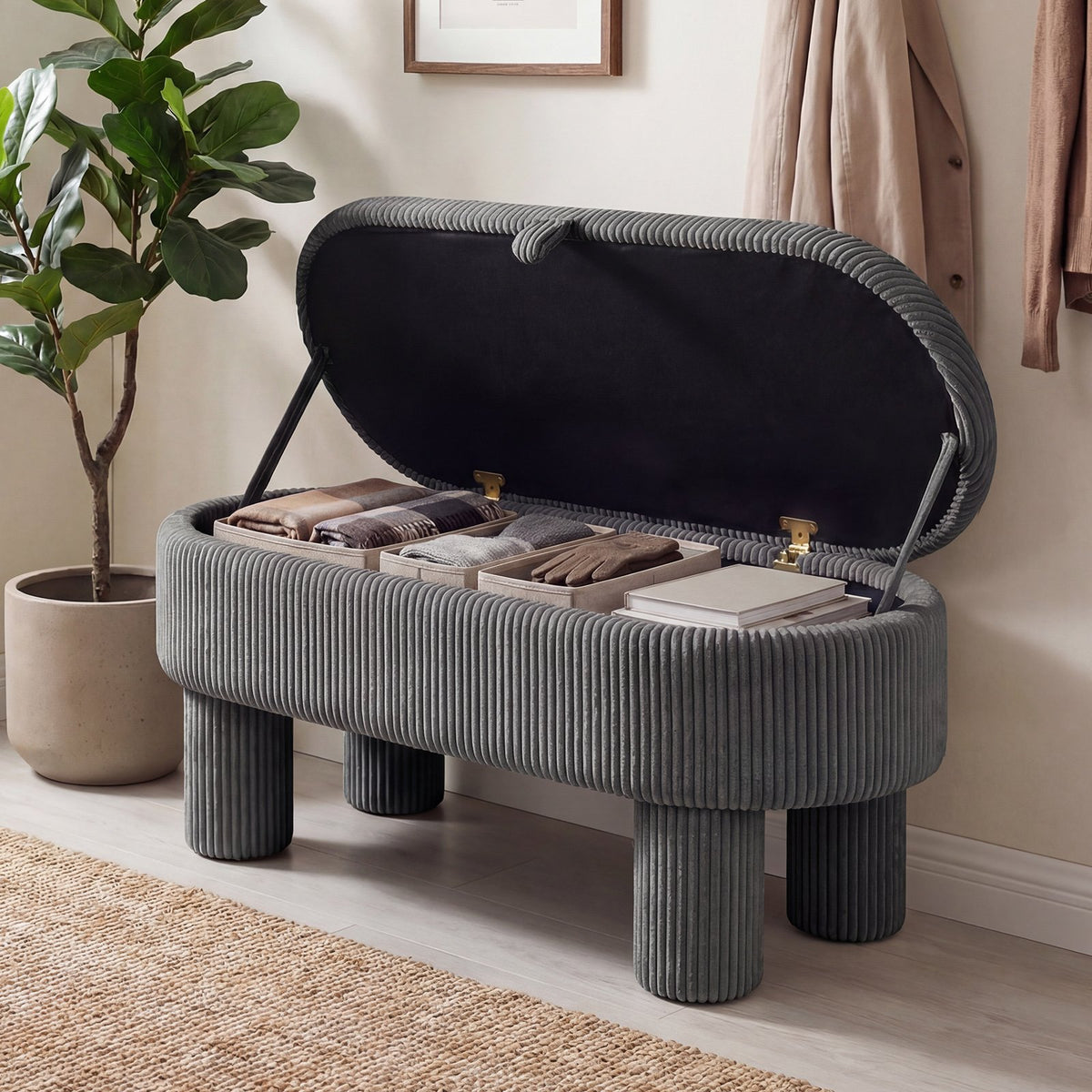 42 Inch Storage Ottoman Bench Corduroy Fabric Upholstered Foot Stool-Gray view 3