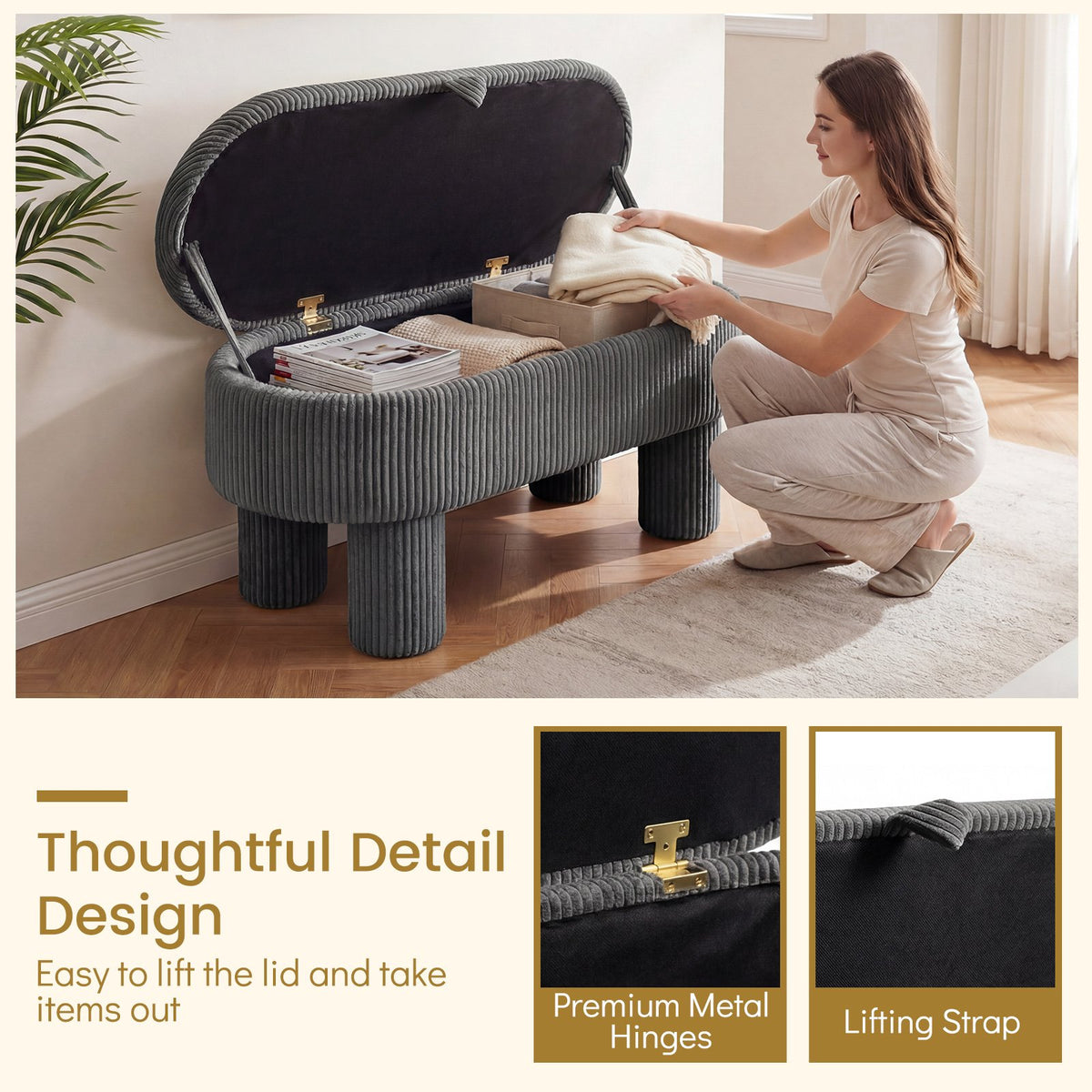 42 Inch Storage Ottoman Bench Corduroy Fabric Upholstered Foot Stool-Gray view 8