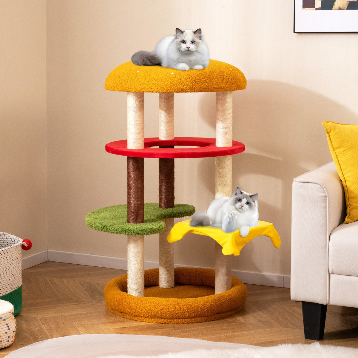 42 Inch Tall Modern Cat Tree Multi-Level with Padded Perch and Cat Bed-Yellow view 2