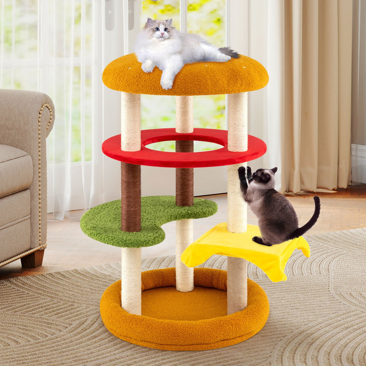 42 Inch Tall Modern Cat Tree Multi-Level with Padded Perch and Cat Bed-Yellow view 3