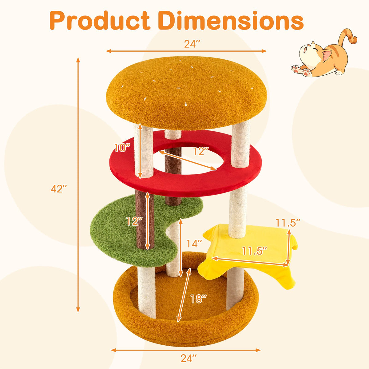 42 Inch Tall Modern Cat Tree Multi-Level with Padded Perch and Cat Bed-Yellow view 5