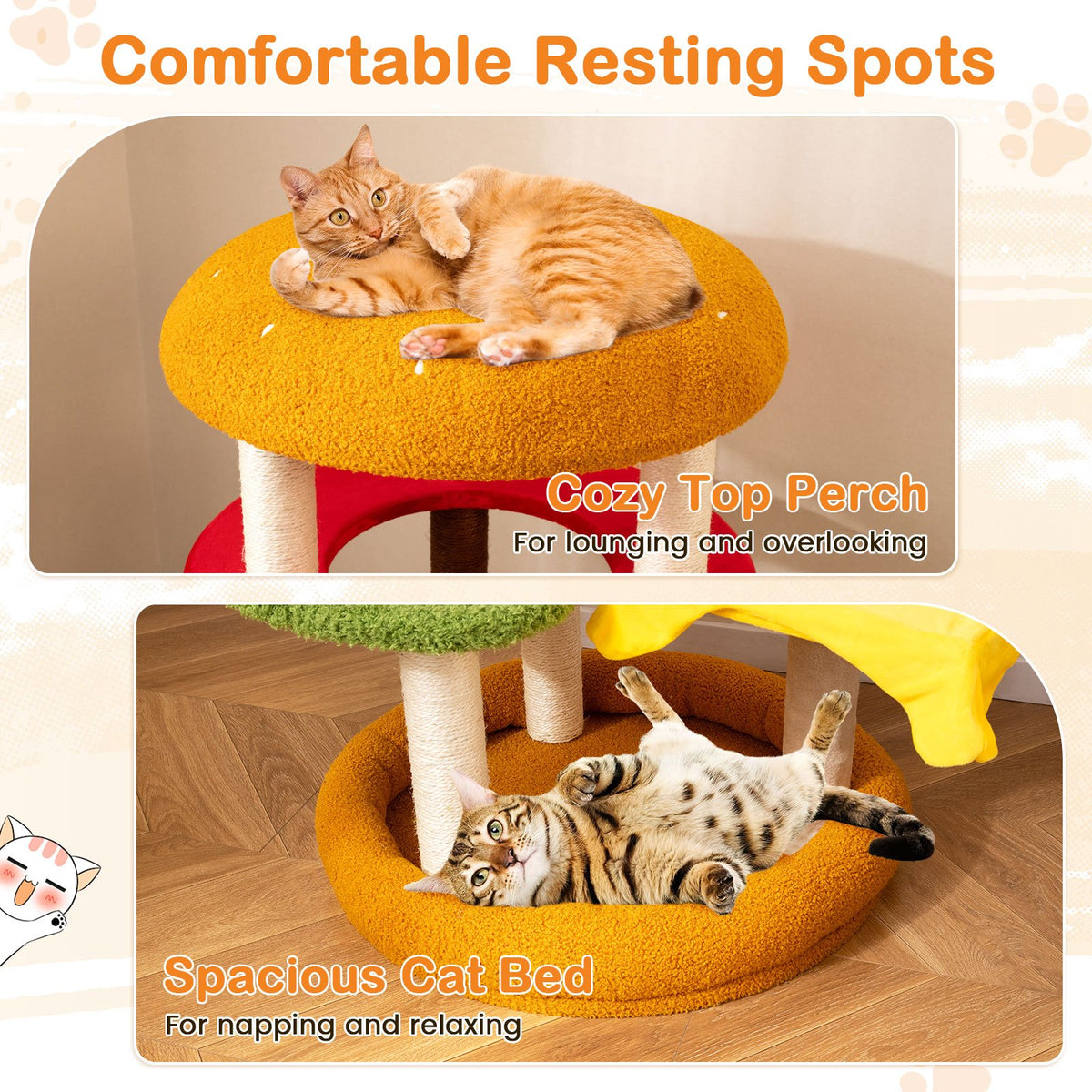 42 Inch Tall Modern Cat Tree Multi-Level with Padded Perch and Cat Bed-Yellow view 8