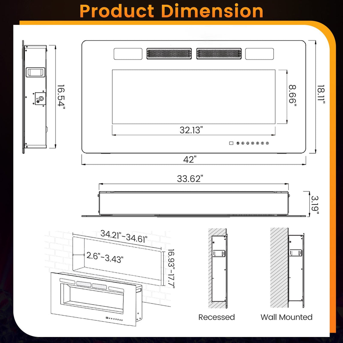 42 Inch Ultra-Thin Electric Fireplace with Decorative Crystals and Smart APP Control-42 inch view 4