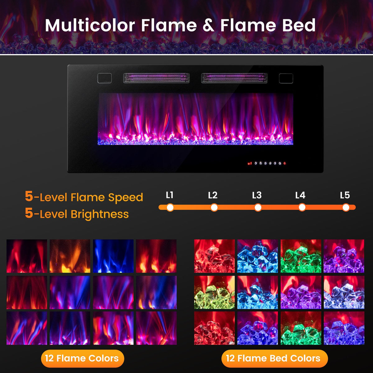 42 Inch Ultra-Thin Electric Fireplace with Decorative Crystals and Smart APP Control-42 inch view 5