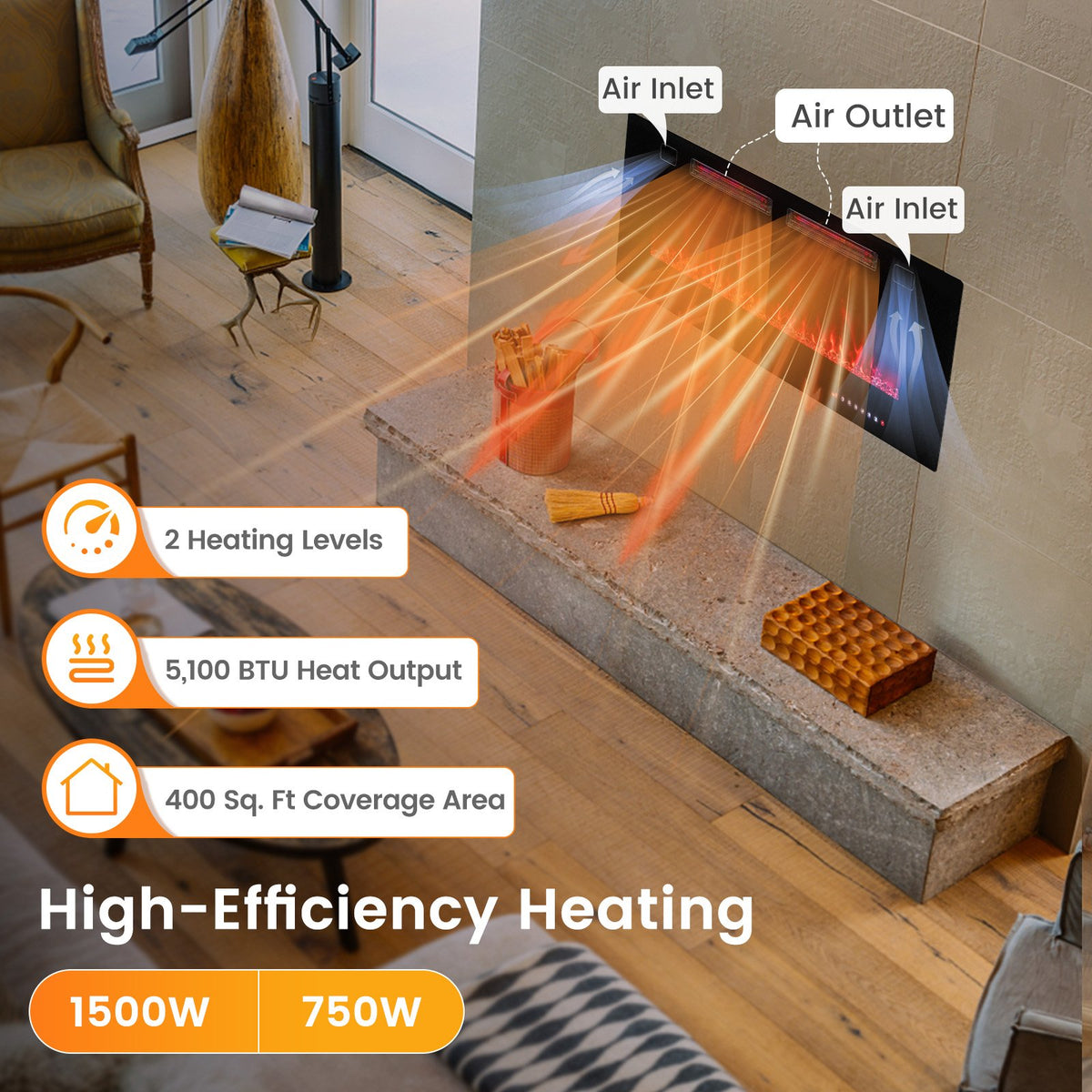 42 Inch Ultra-Thin Electric Fireplace with Decorative Crystals and Smart APP Control-42 inch view 8
