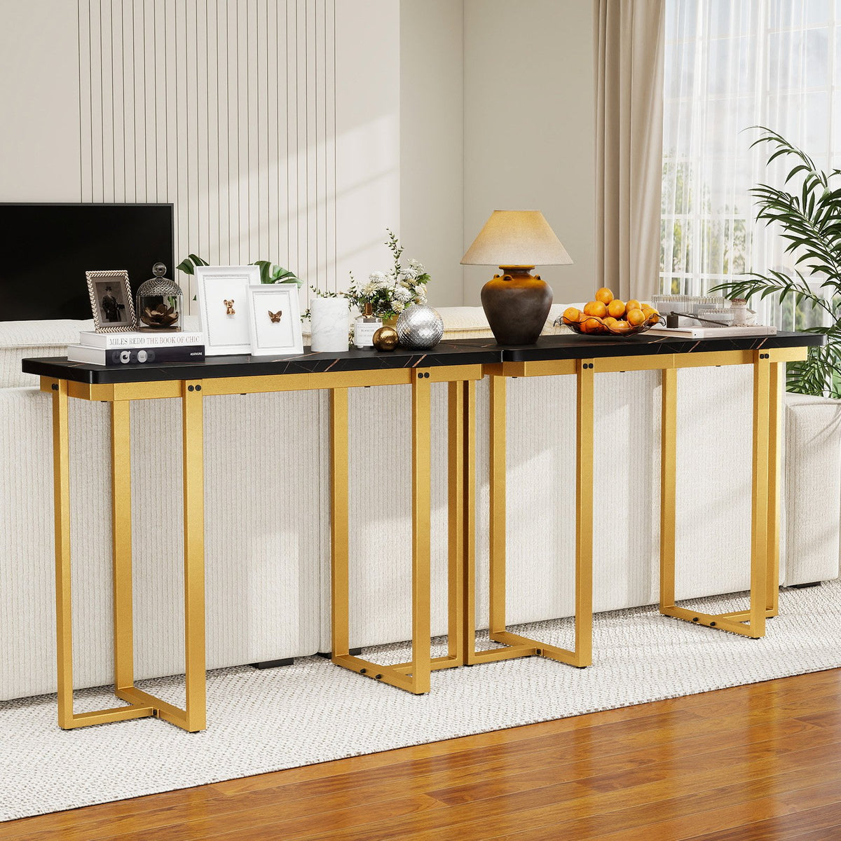 42 Inches Modern Faux Marble Entryway Table with Geometric Metal Frame-Black view 3