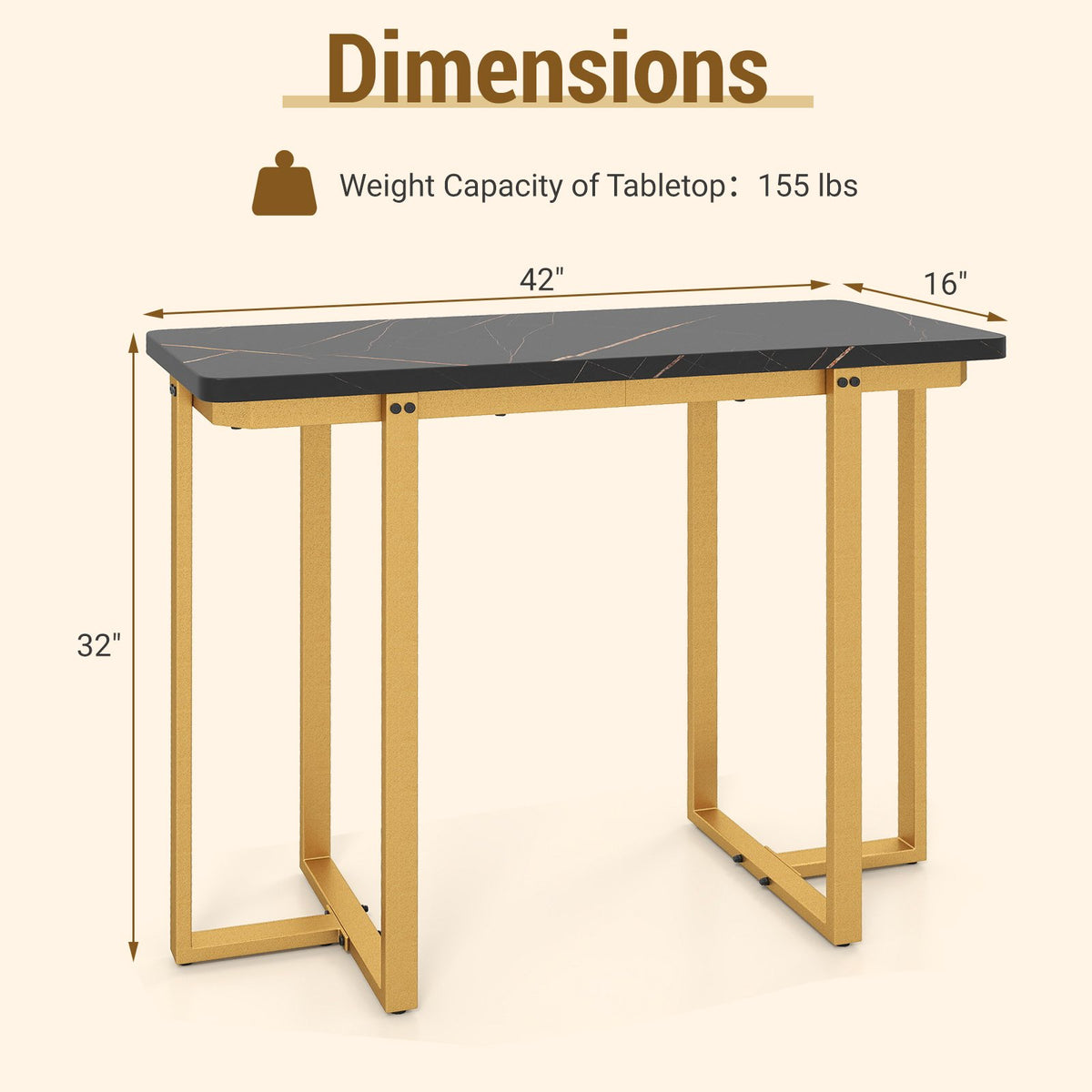 42 Inches Modern Faux Marble Entryway Table with Geometric Metal Frame-Black view 5