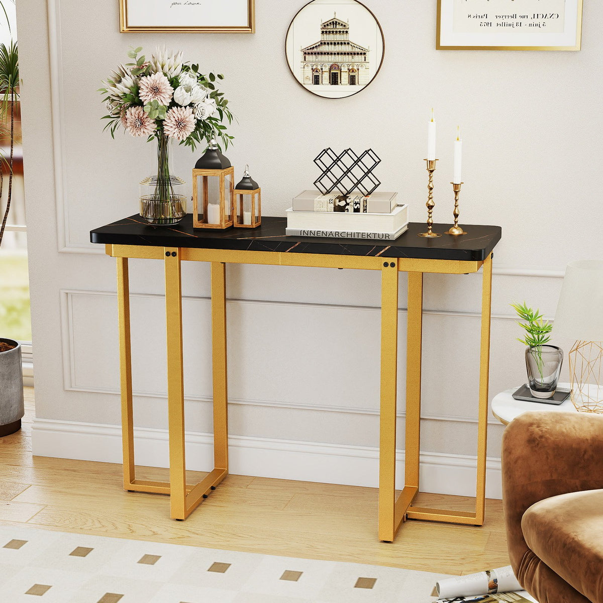 42 Inches Modern Faux Marble Entryway Table with Geometric Metal Frame-Black view 6