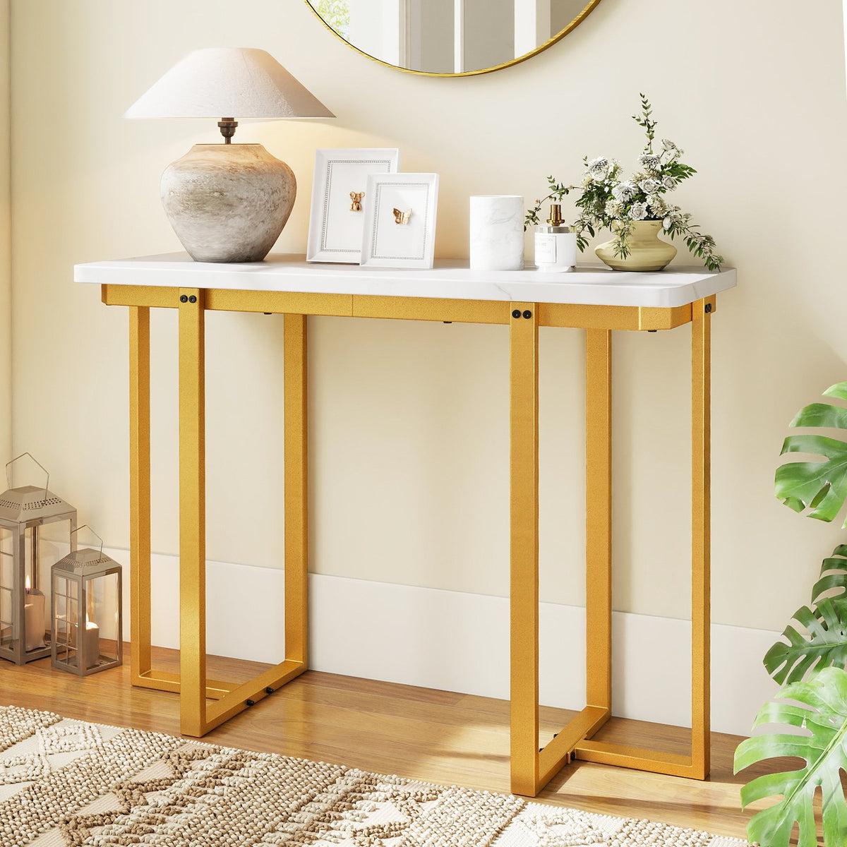 42 Inches Modern Faux Marble Entryway Table with Geometric Metal Frame-White view 2