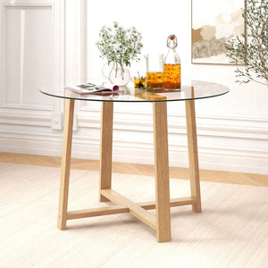 42 Inches Round Glass Dining Table with Tempered Glass Tabletop and Rubber Wood Legs-Natural view 2