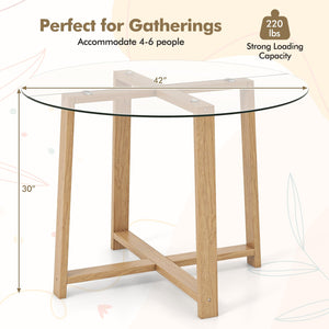 42 Inches Round Glass Dining Table with Tempered Glass Tabletop and Rubber Wood Legs-Natural view 4