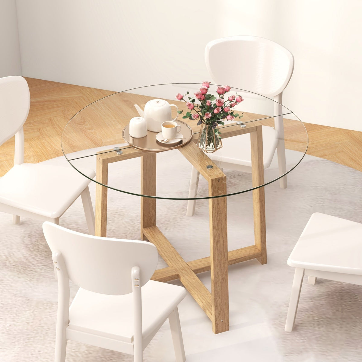 42 Inches Round Glass Dining Table with Tempered Glass Tabletop and Rubber Wood Legs-Natural view 5