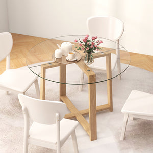 42 Inches Round Glass Dining Table with Tempered Glass Tabletop and Rubber Wood Legs-Natural view 5