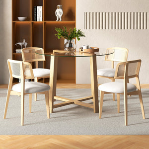 42 Inches Round Glass Dining Table with Tempered Glass Tabletop and Rubber Wood Legs-Natural view 6