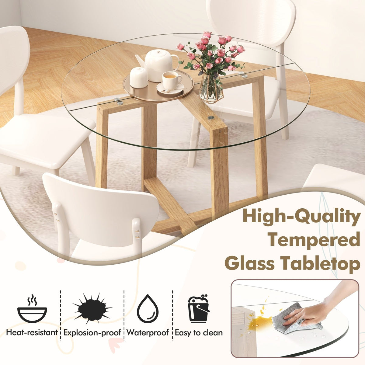 42 Inches Round Glass Dining Table with Tempered Glass Tabletop and Rubber Wood Legs-Natural view 7