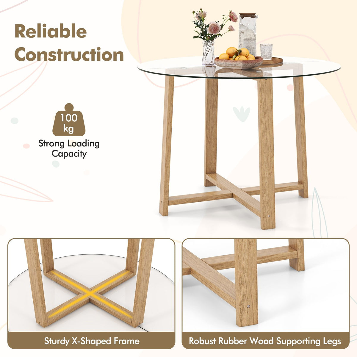 42 Inches Round Glass Dining Table with Tempered Glass Tabletop and Rubber Wood Legs-Natural view 8