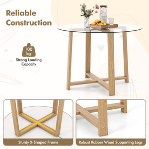 42 Inches Round Glass Dining Table with Tempered Glass Tabletop and Rubber Wood Legs-Natural view 8