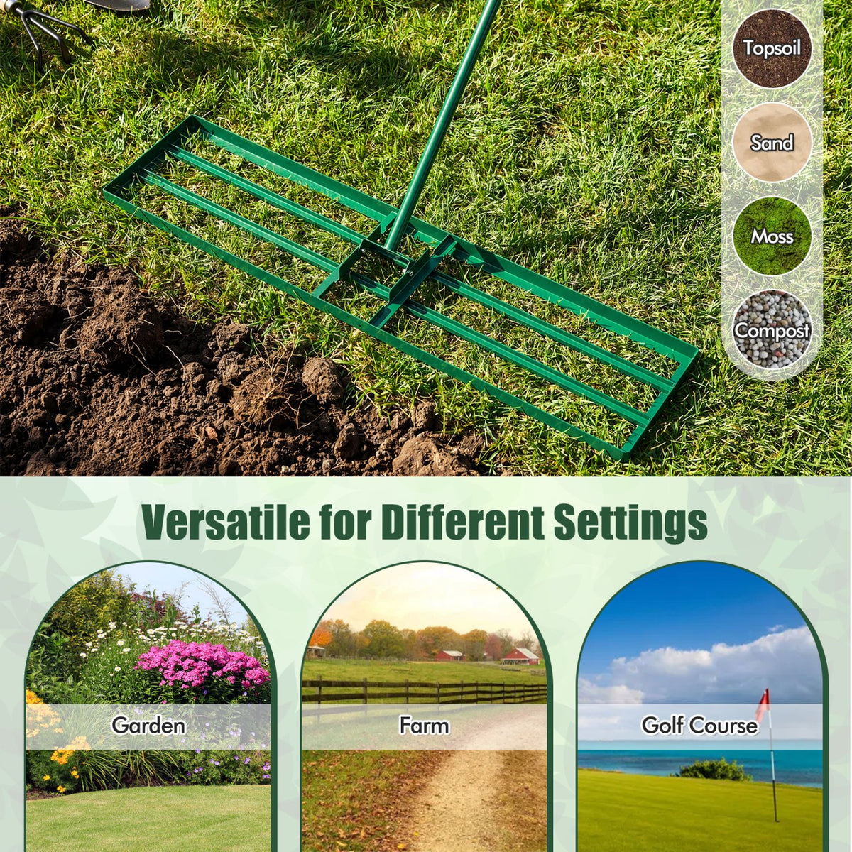 42 x 10 Inch Lawn Leveling Rake with Ergonomic Handle-Green view 6