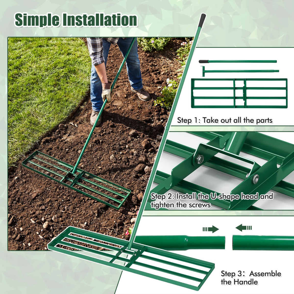 42 x 10 Inch Lawn Leveling Rake with Ergonomic Handle-Green view 7