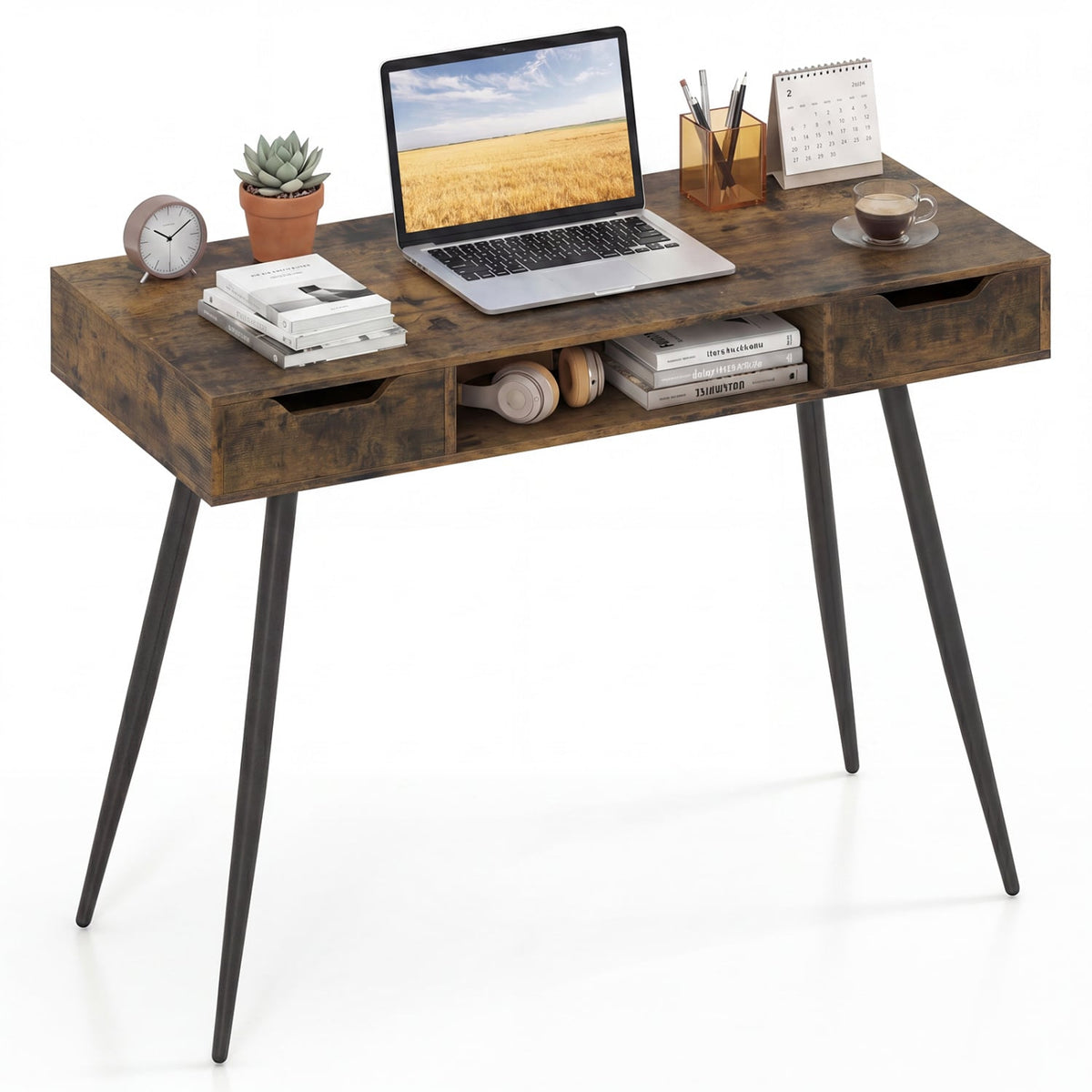 42.5 inches Mid Century Modern Writing Desk with Metal Leg and Drawers-Rustic Brown