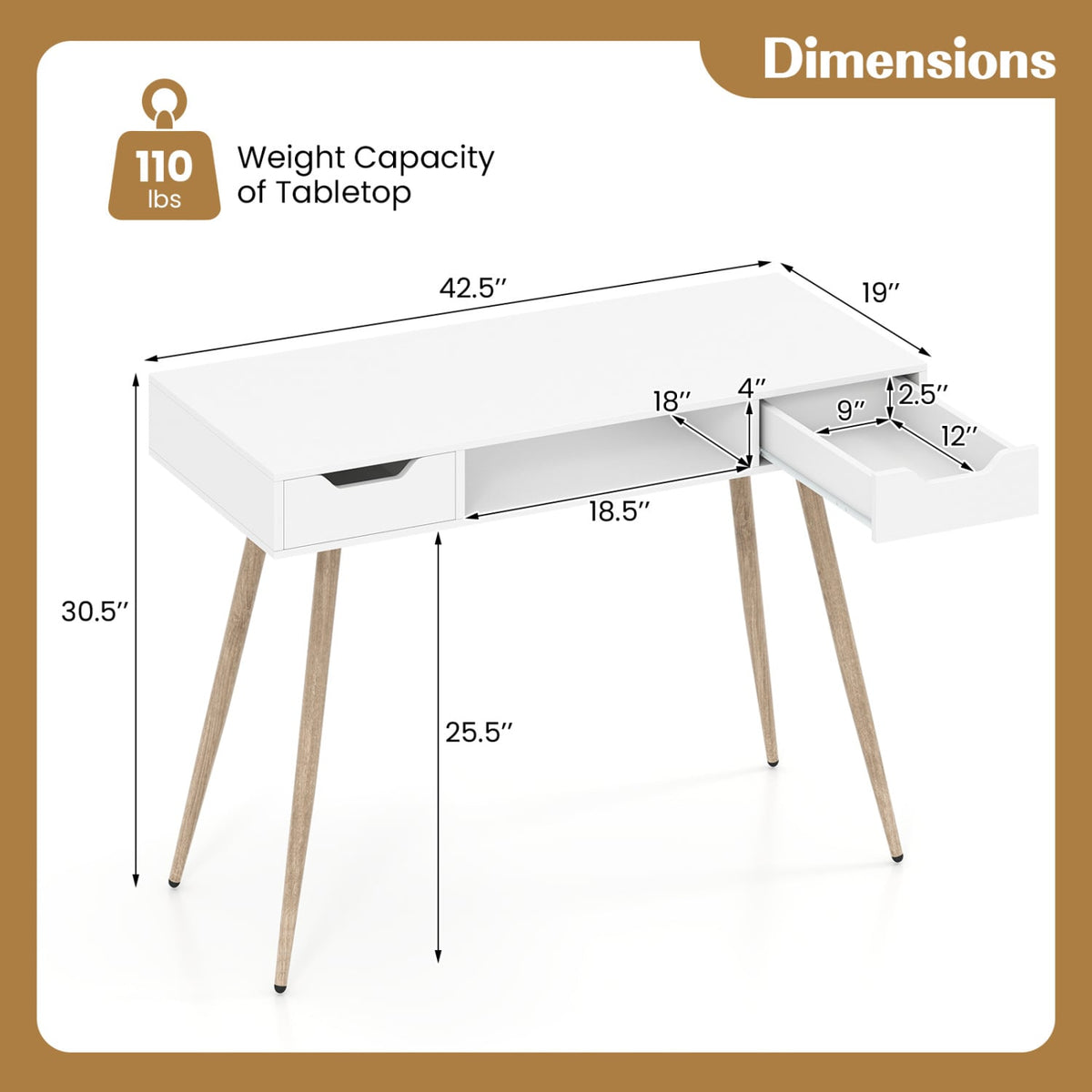42.5 inches Mid Century Modern Writing Desk with Metal Leg and Drawers-White view 5