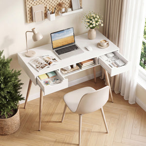 42.5 inches Mid Century Modern Writing Desk with Metal Leg and Drawers-White view 3
