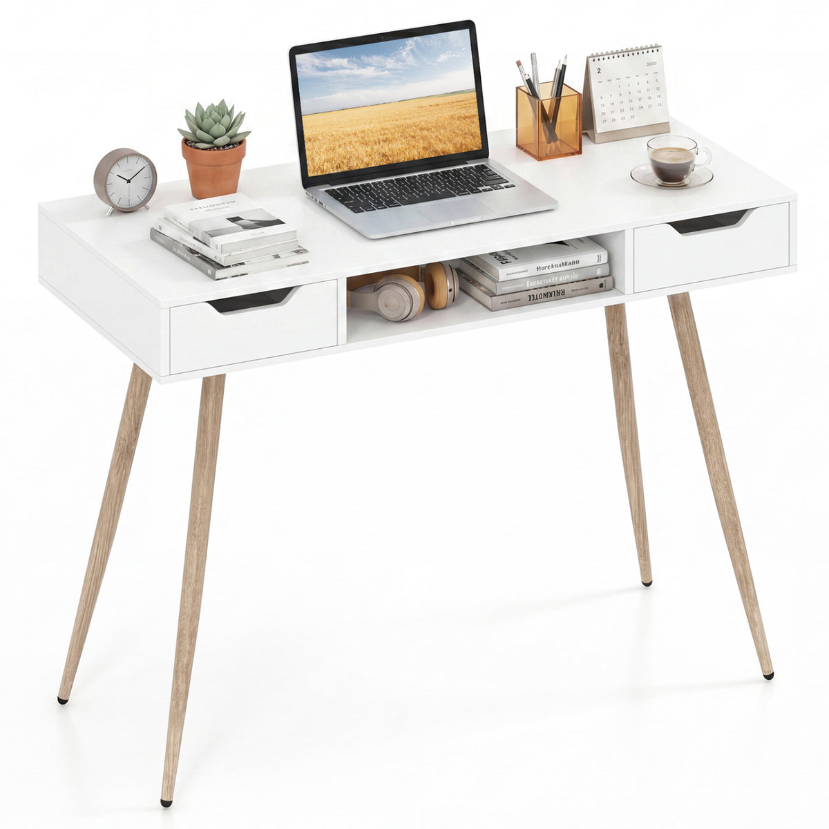 42.5 inches Mid Century Modern Writing Desk with Metal Leg and Drawers-White