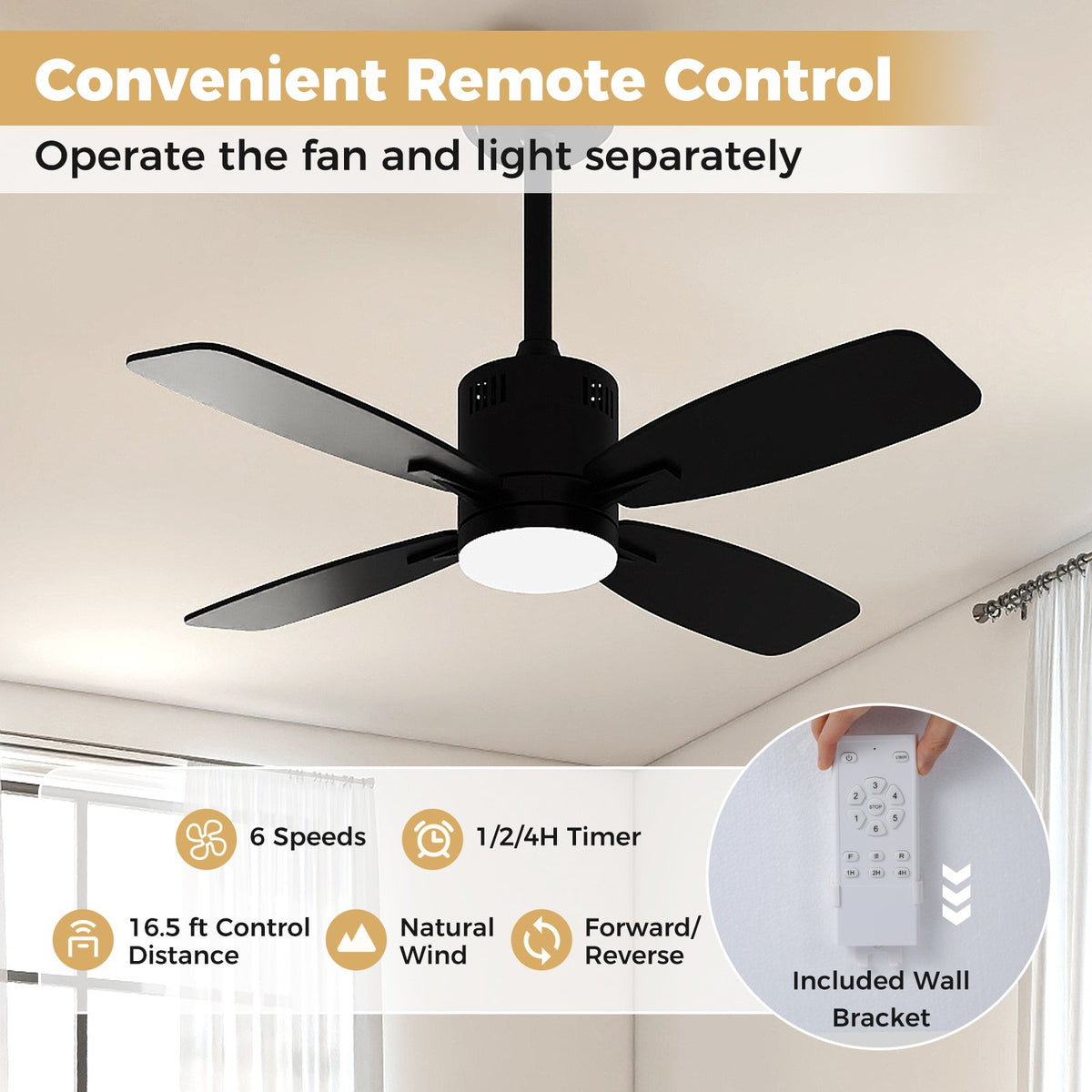 42inch Ceiling Fan with Light and Remote 3CCT LED with Memory 4H Timer 6 Speeds-Black view 7