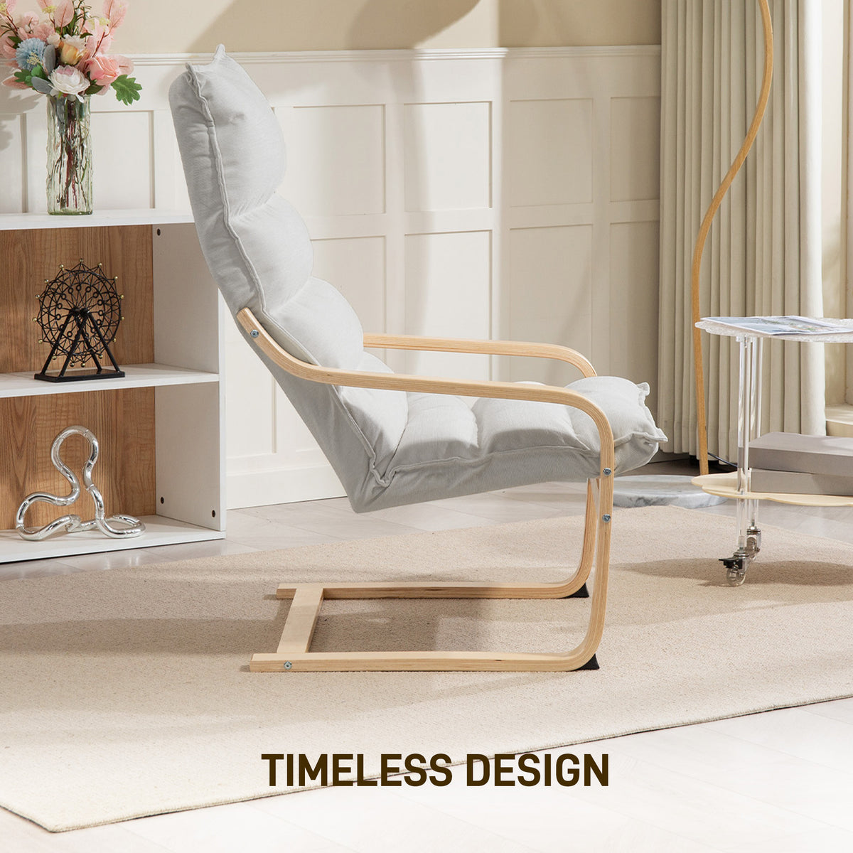 Birch Wood Fabric Modern Armchair, Accent Chair with Curved Leg and Arm for Living Room, Cream White – view 4