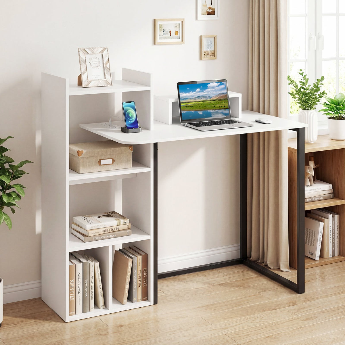 43.5 inches Computer Desk with Charging Station and Ergonomic Monitor Stand-White view 2