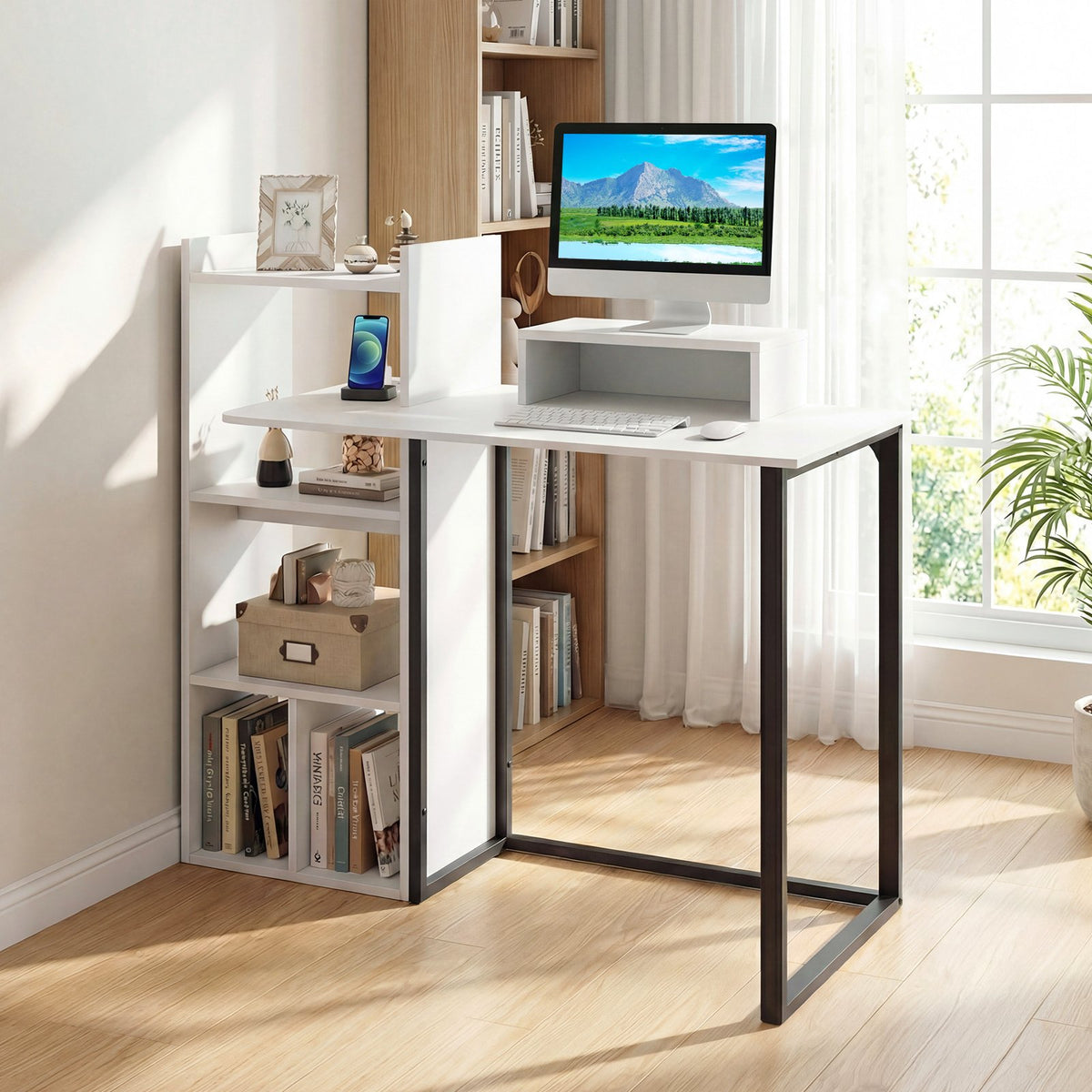 43.5 inches Computer Desk with Charging Station and Ergonomic Monitor Stand-White view 6