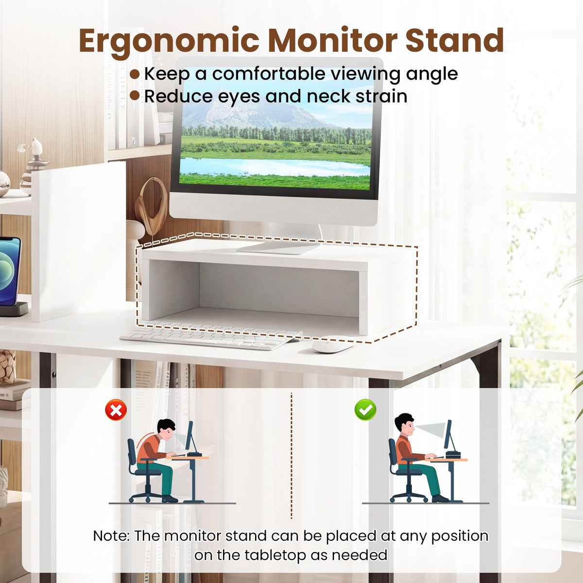 43.5 inches Computer Desk with Charging Station and Ergonomic Monitor Stand-White view 7