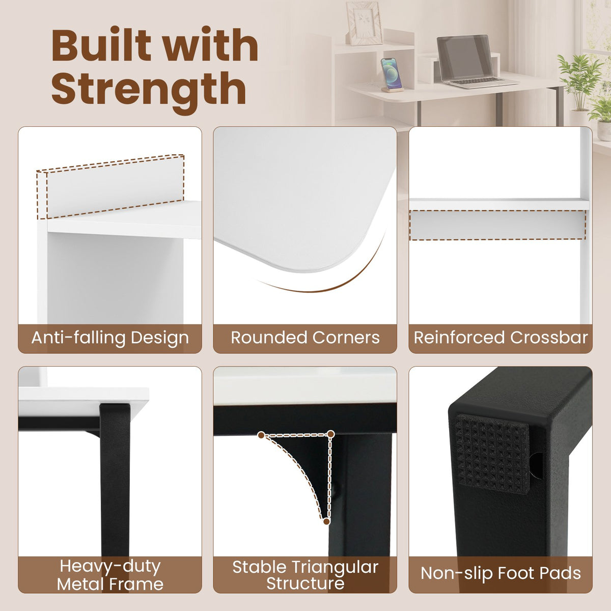 43.5 inches Computer Desk with Charging Station and Ergonomic Monitor Stand-White view 8