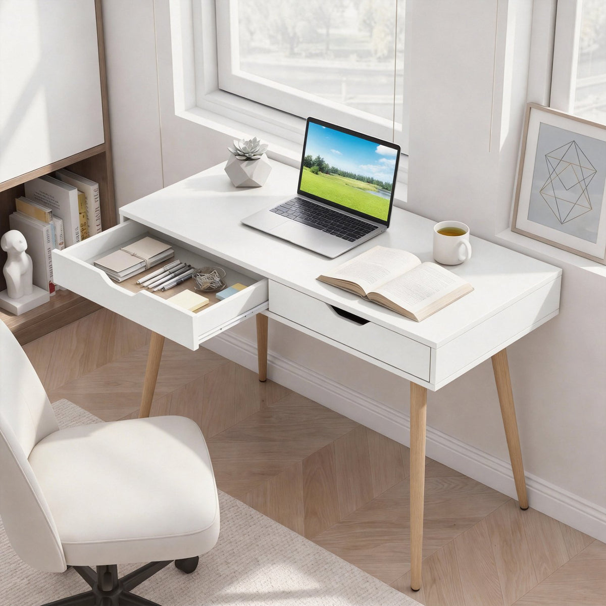 43.5 Inch Computer Desk with 2 Drawers for Small Spaces-White view 2