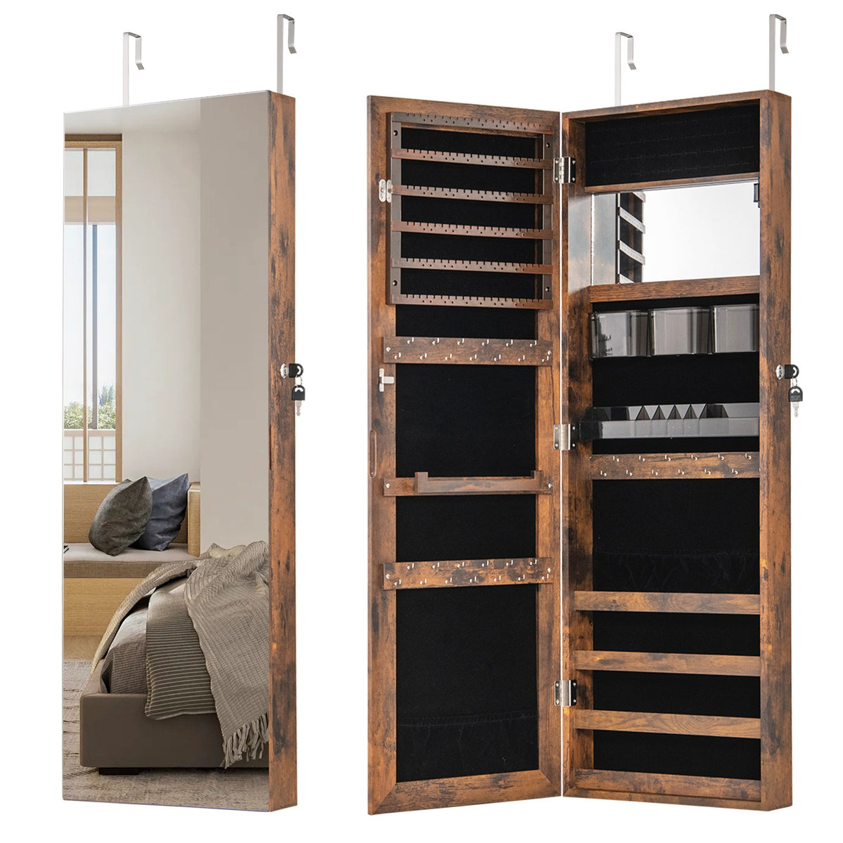 43.5 Inch Jewelry Mirror Cabinet with Full-length Mirror and Adjustable Hangers-Rustic Brown