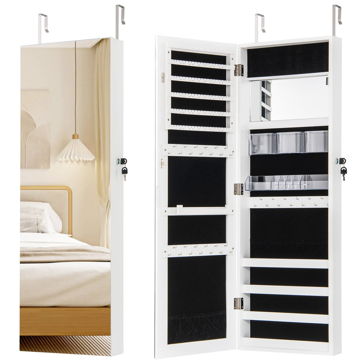 43.5 Inch Jewelry Mirror Cabinet with Full-length Mirror and Adjustable Hangers-White