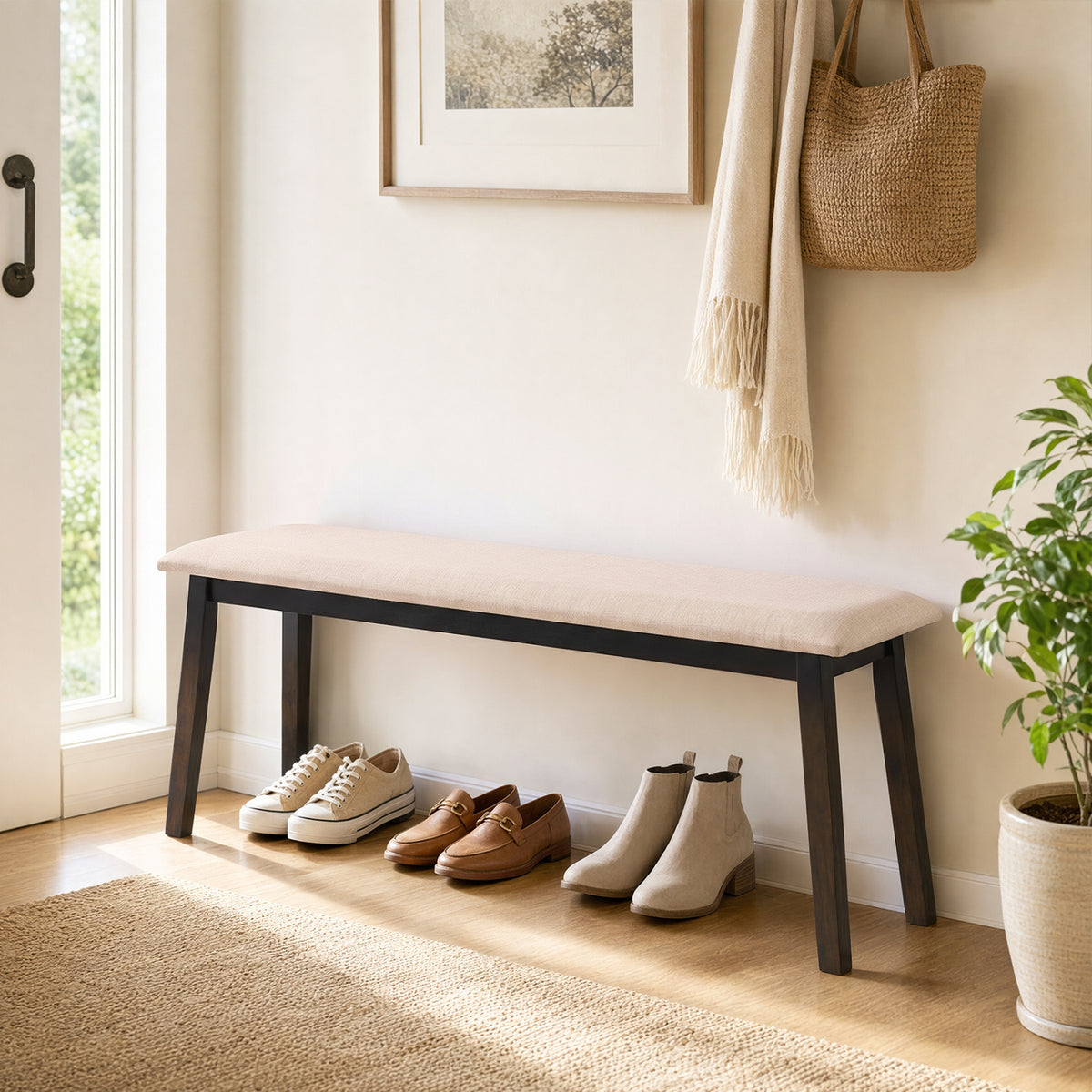 43.5 Inch Upholstered Entryway Bench with Rubber Wood Frame-Beige view 2
