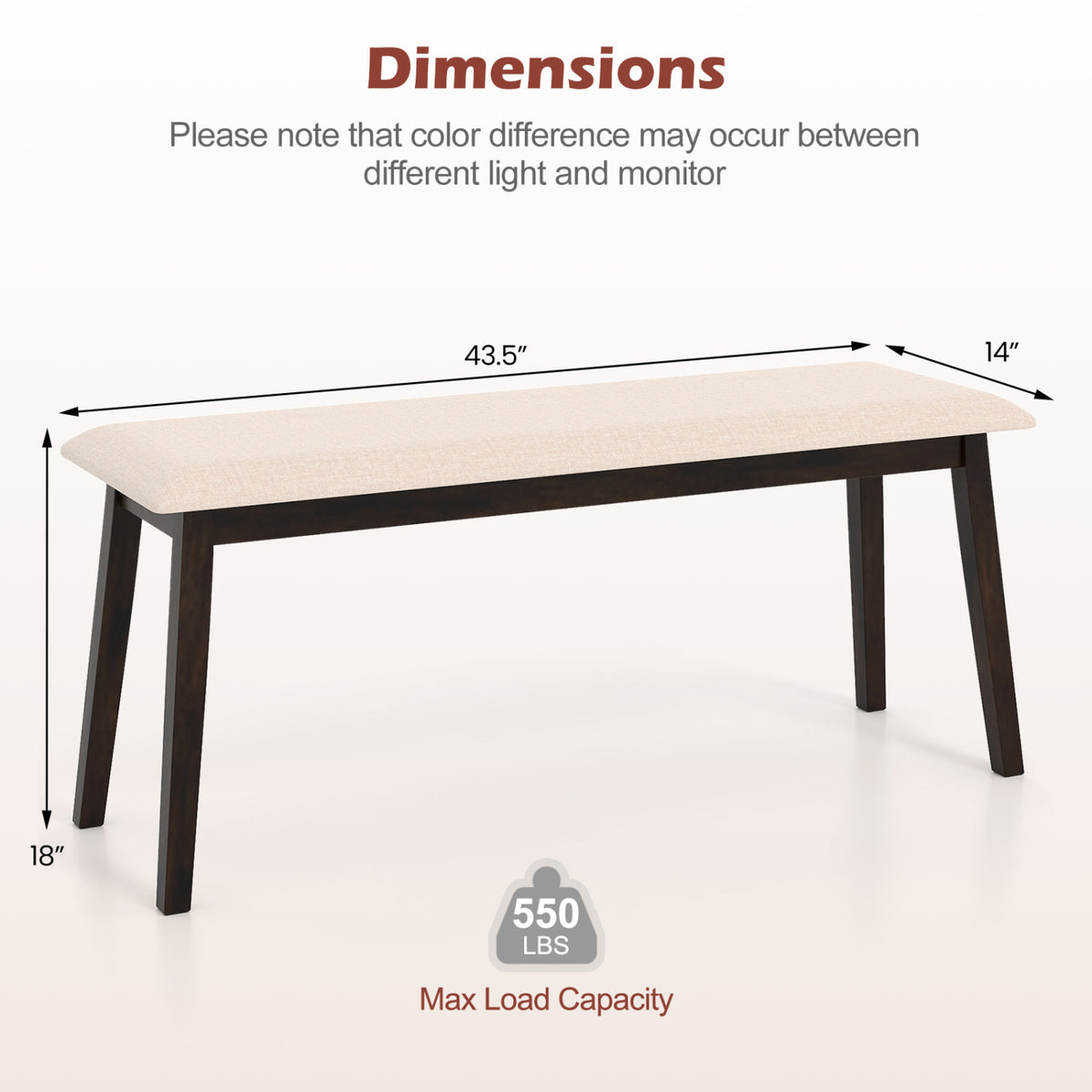 43.5 Inch Upholstered Entryway Bench with Rubber Wood Frame-Beige view 4