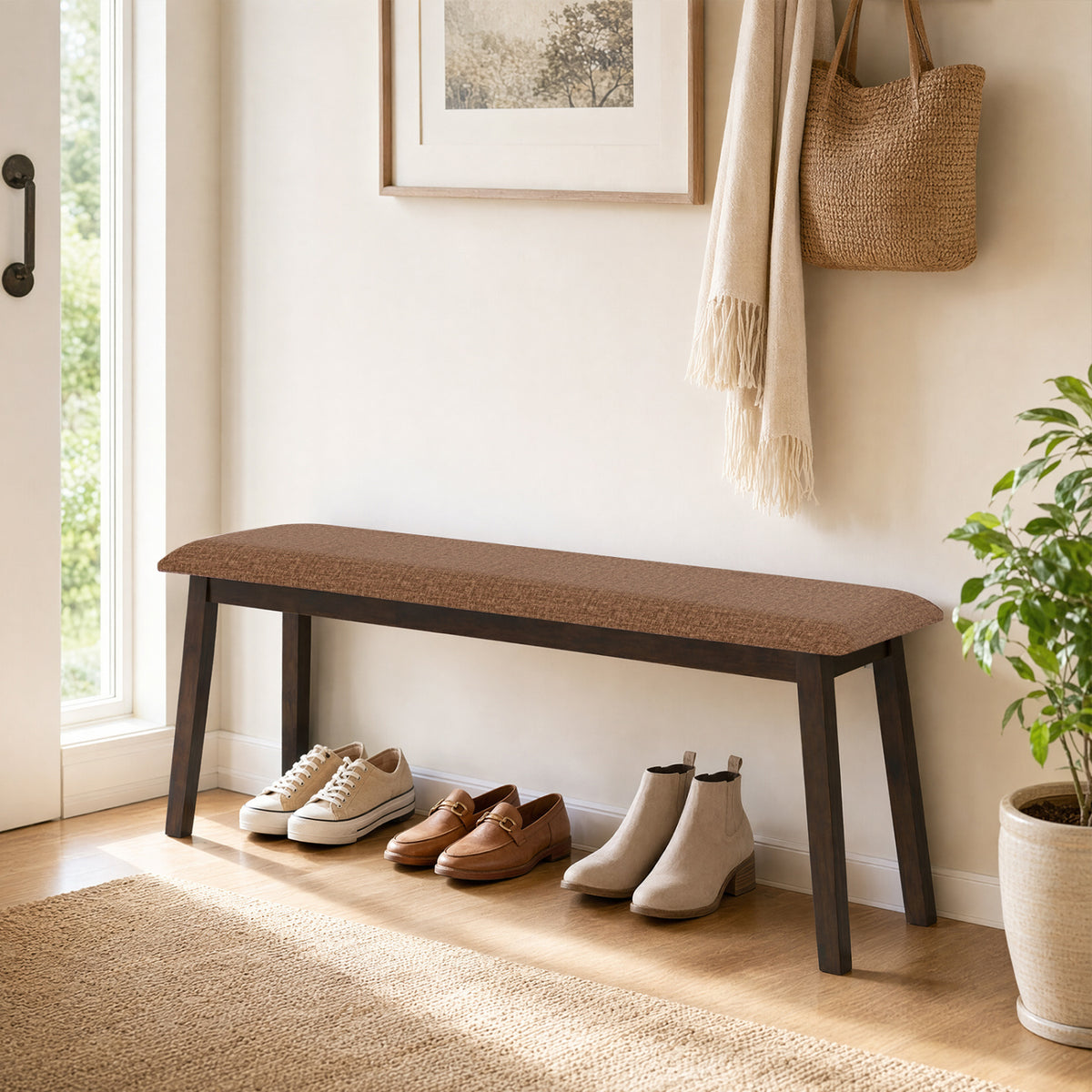 43.5 Inch Upholstered Entryway Bench with Rubber Wood Frame-Brown view 2