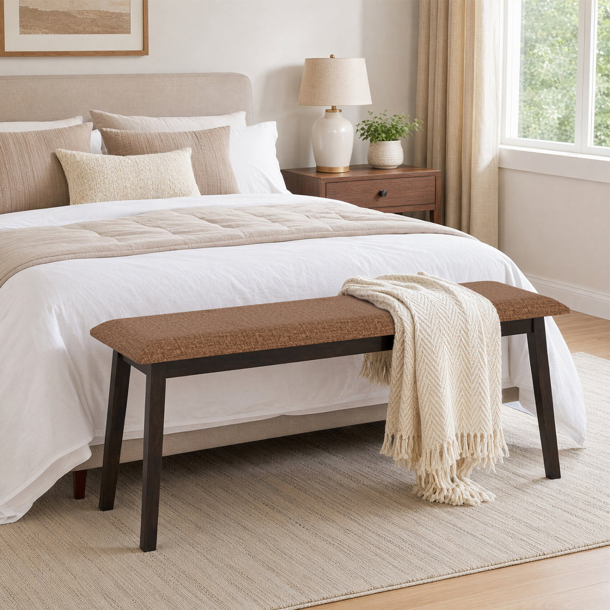 43.5 Inch Upholstered Entryway Bench with Rubber Wood Frame-Brown view 3