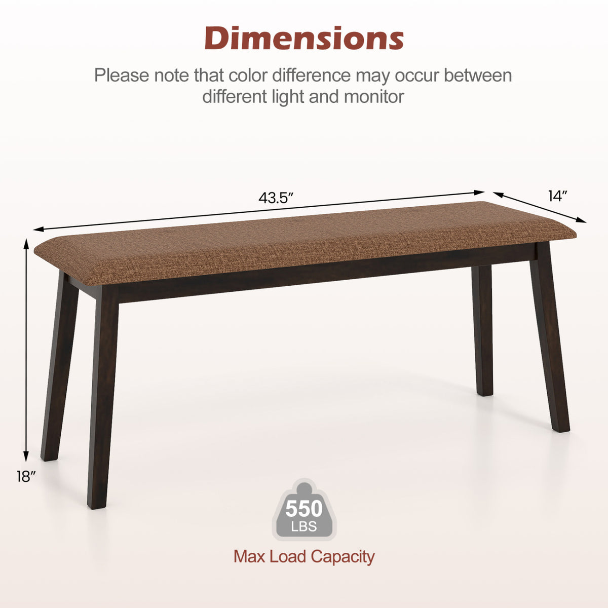 43.5 Inch Upholstered Entryway Bench with Rubber Wood Frame-Brown view 4