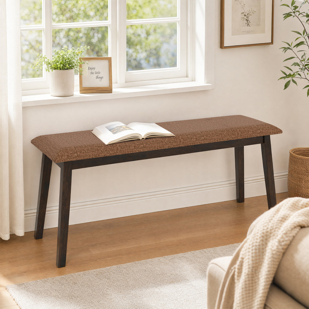 43.5 Inch Upholstered Entryway Bench with Rubber Wood Frame-Brown view 5