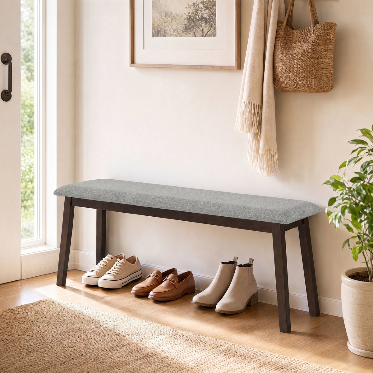 43.5 Inch Upholstered Entryway Bench with Rubber Wood Frame-Gray view 2
