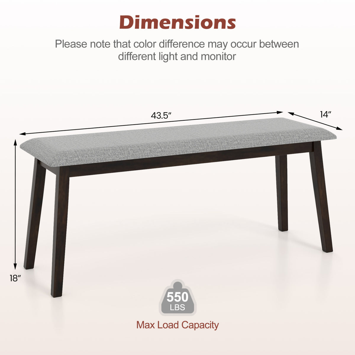 43.5 Inch Upholstered Entryway Bench with Rubber Wood Frame-Gray view 4