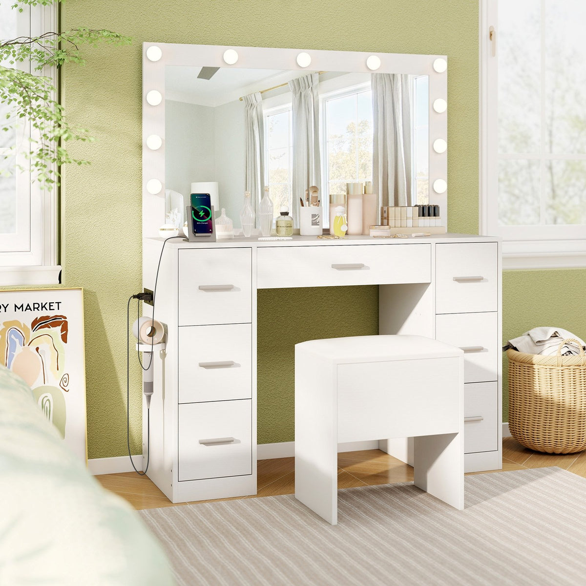 43.5-Inche Vanity Desk with Mirror and Lights for Bedroom-White view 3