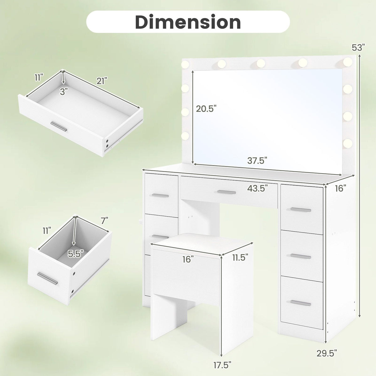 43.5-Inche Vanity Desk with Mirror and Lights for Bedroom-White view 4