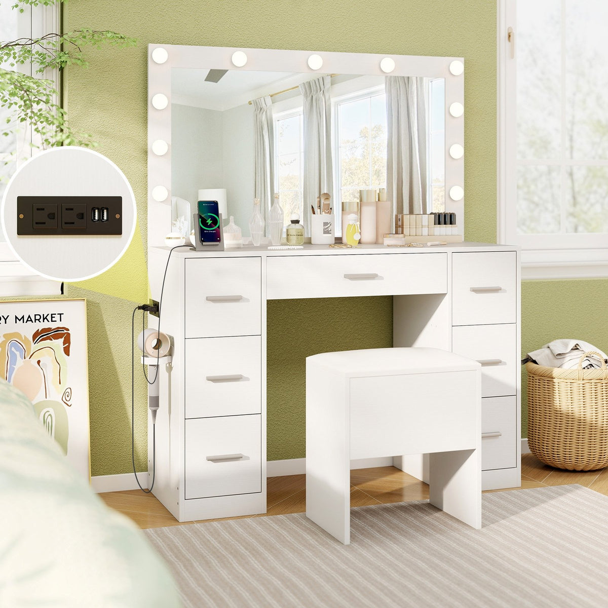 43.5-Inche Vanity Desk with Mirror and Lights for Bedroom-White view 7