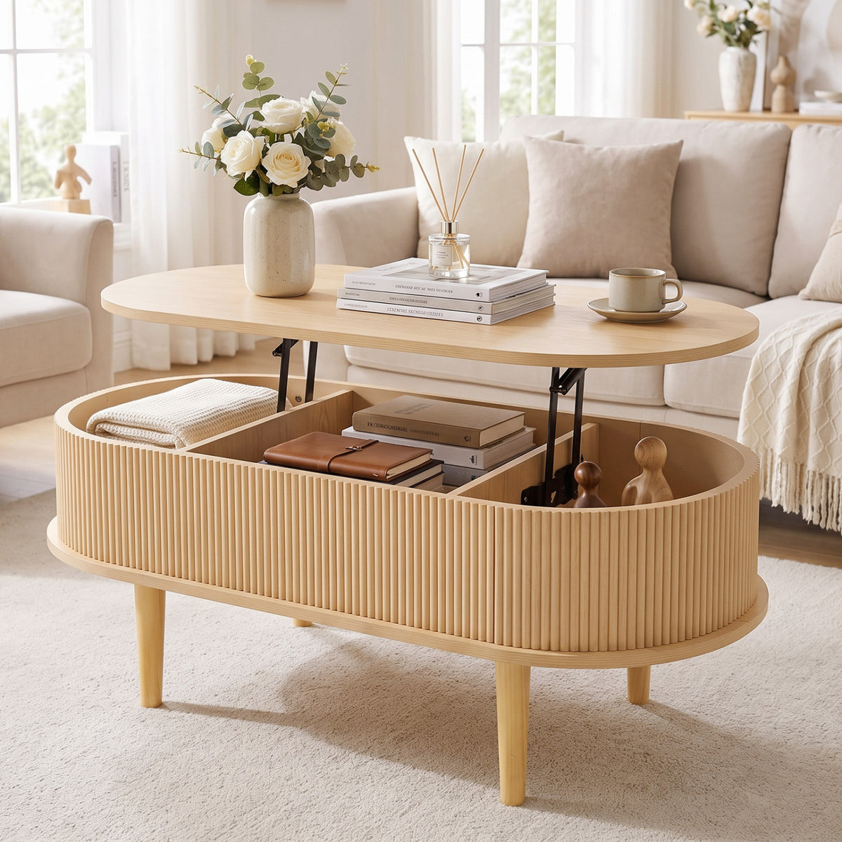 43.5 inches Oval Lift Top Coffee Table with Storage and Fluted Design for Living Room-Natural view 2