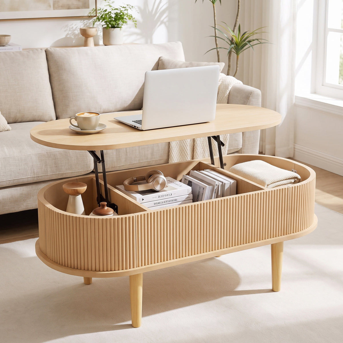 43.5 inches Oval Lift Top Coffee Table with Storage and Fluted Design for Living Room-Natural view 3